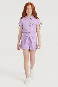 Girls Striped Button Front Shirt and Shorts with Tie Belt