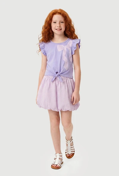 Girls Bow Graphic Patch Top and Gingham Skirt Set