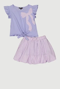 Girls Bow Graphic Patch Top and Gingham Skirt Set