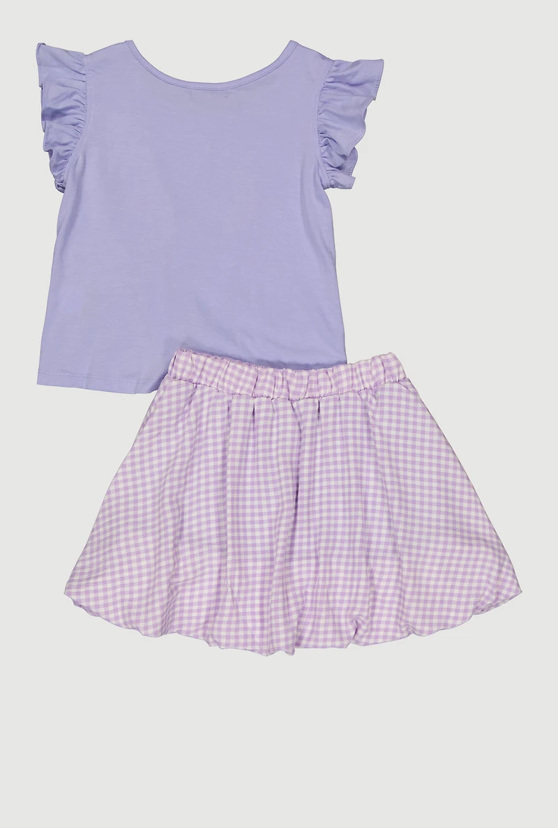 Girls Bow Graphic Patch Top and Gingham Skirt Set