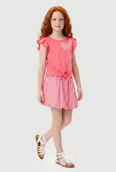 Girls Bow Graphic Patch Top and Gingham Skirt Set