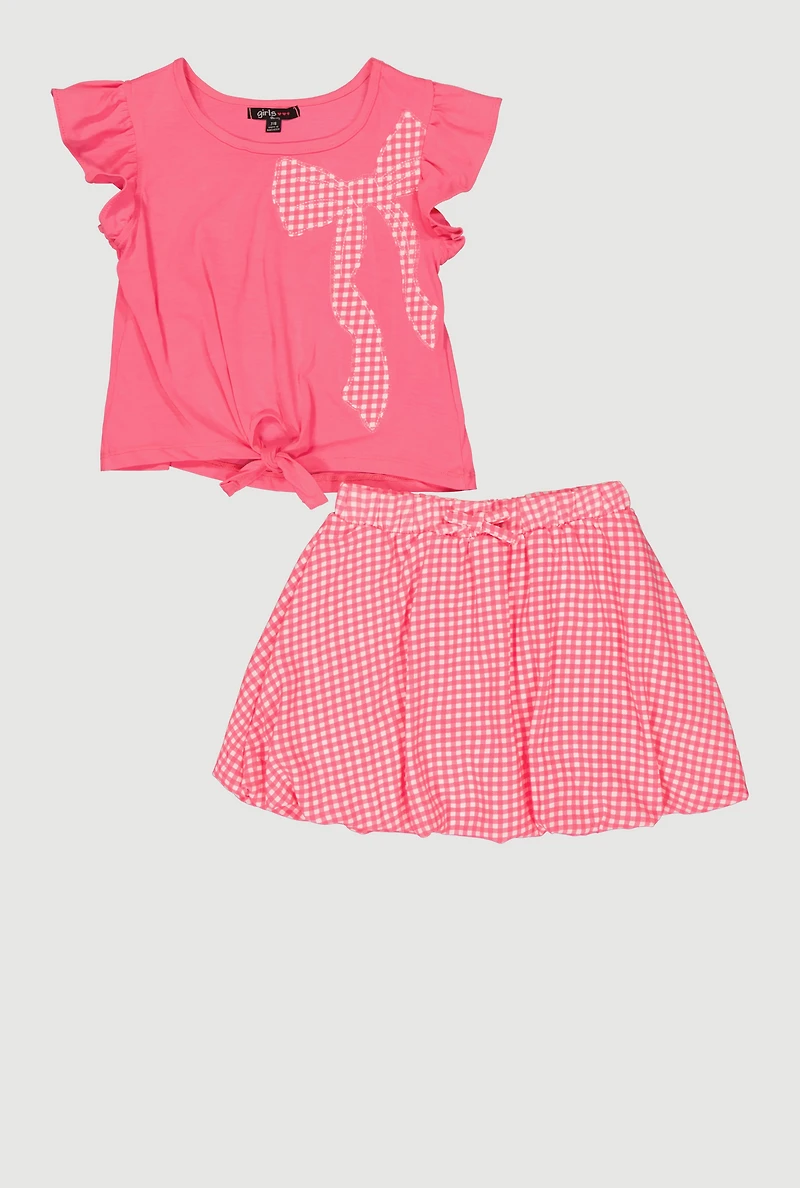 Girls Bow Graphic Patch Top and Gingham Skirt Set