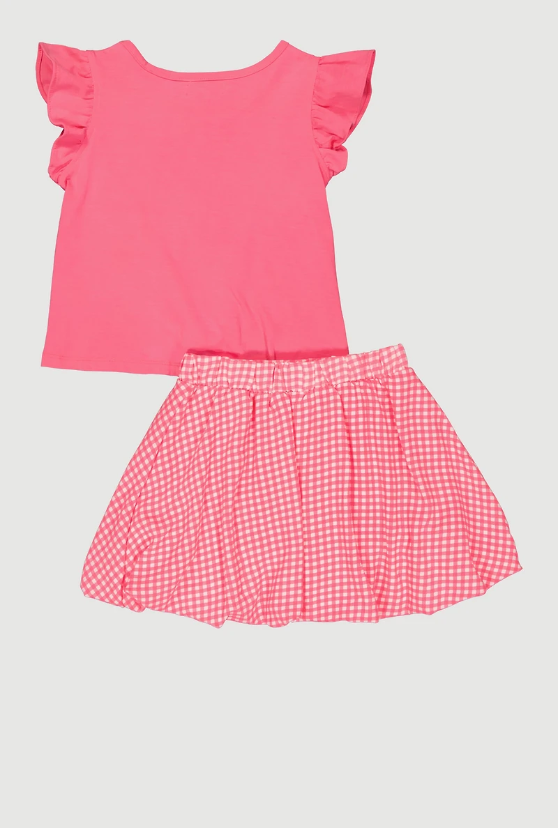 Girls Bow Graphic Patch Top and Gingham Skirt Set
