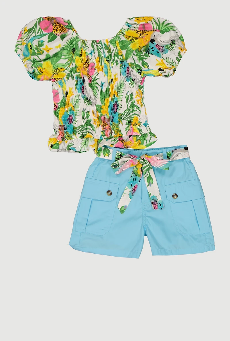 Girls Floral Puff Sleeve Smocked Top and Cargo Shorts