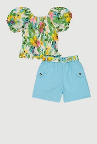 Girls Floral Puff Sleeve Smocked Top and Cargo Shorts