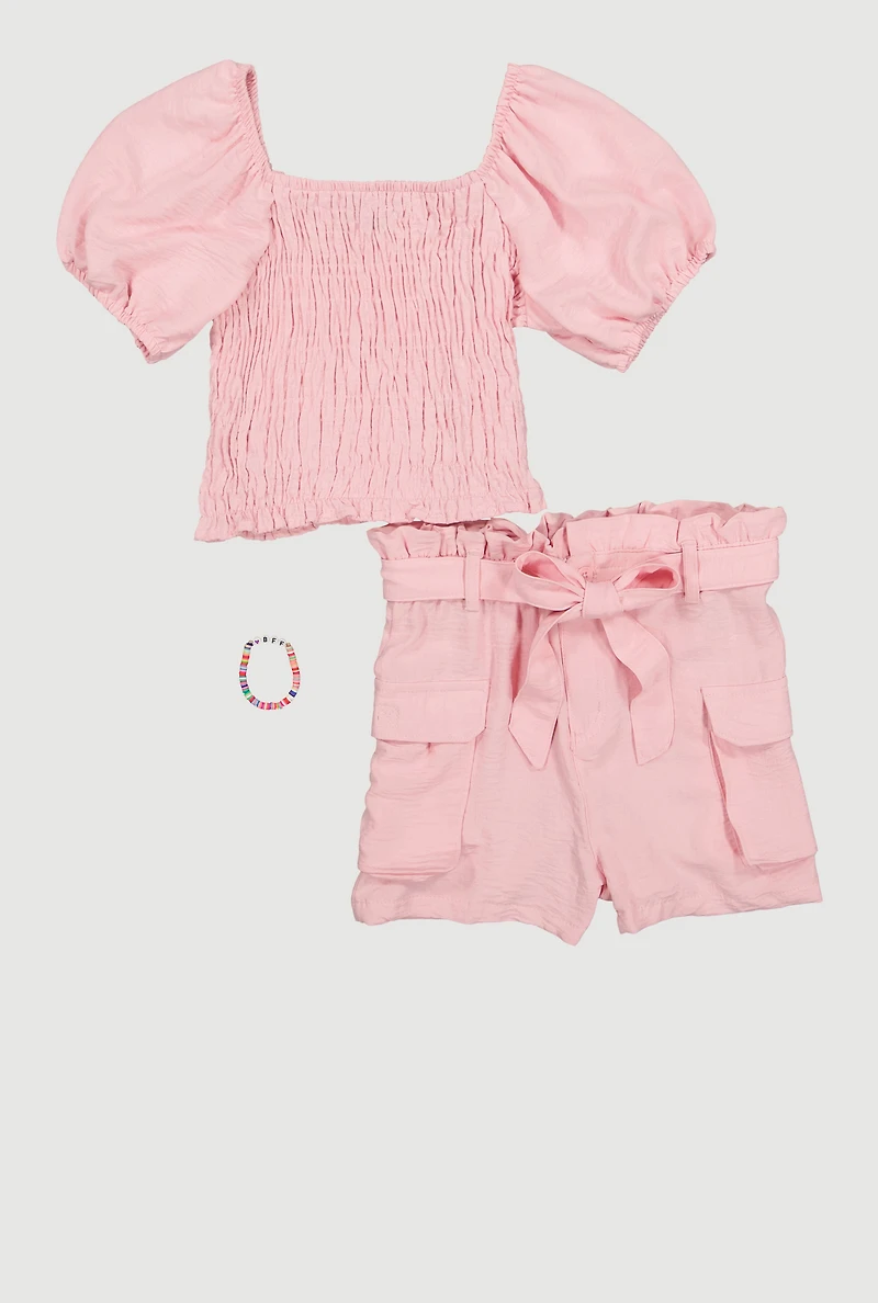 Girls Smocked Top with Tie Waist Belt Shorts and Bracelet