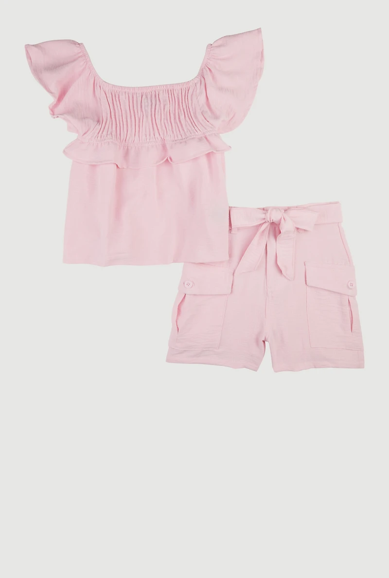 Girls Smocked Ruffle Trim Top and Belted Cargo Shorts
