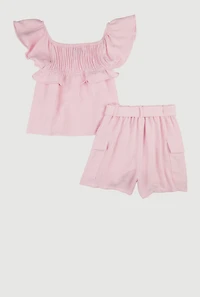Girls Smocked Ruffle Trim Top and Belted Cargo Shorts