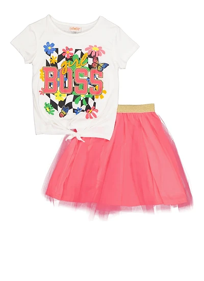 Girls Tie Front Girl Boss Glitter Graphic Tee and Tulle Skirt