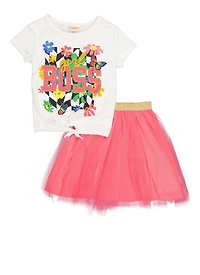 Girls Tie Front Girl Boss Glitter Graphic Tee and Tulle Skirt