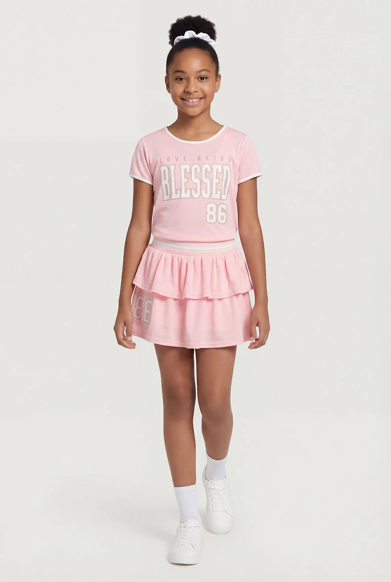 Girls Blessed 86 Graphic Activewear Mesh Tee and Ruffle Tiered Skort