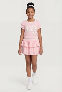 Girls Blessed 86 Graphic Activewear Mesh Tee and Ruffle Tiered Skort