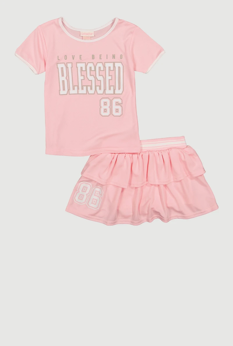 Girls Blessed 86 Graphic Activewear Mesh Tee and Ruffle Tiered Skort