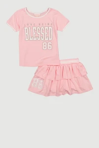 Girls Blessed 86 Graphic Activewear Mesh Tee and Ruffle Tiered Skort