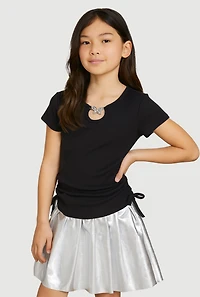 Girls Ribbed Knit Keyhole Tee and Faux Leather Pleated Skirt