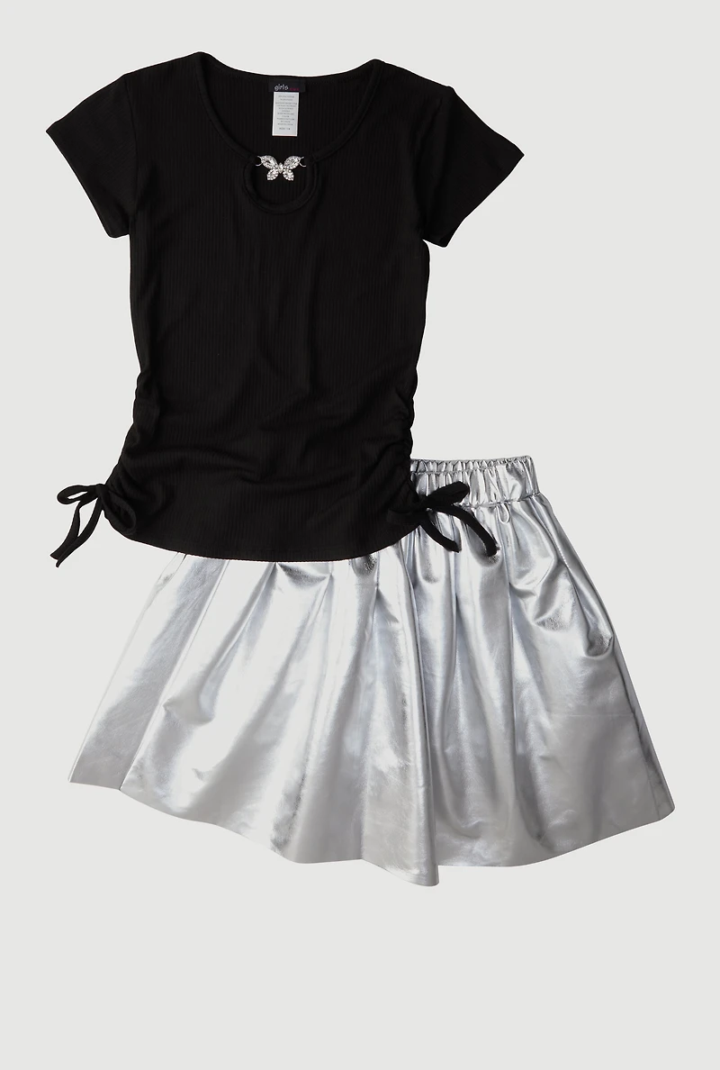 Girls Ribbed Knit Keyhole Tee and Faux Leather Pleated Skirt