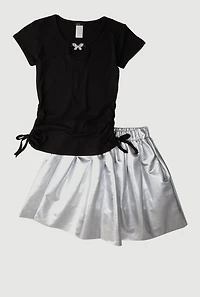 Girls Ribbed Knit Keyhole Tee and Faux Leather Pleated Skirt