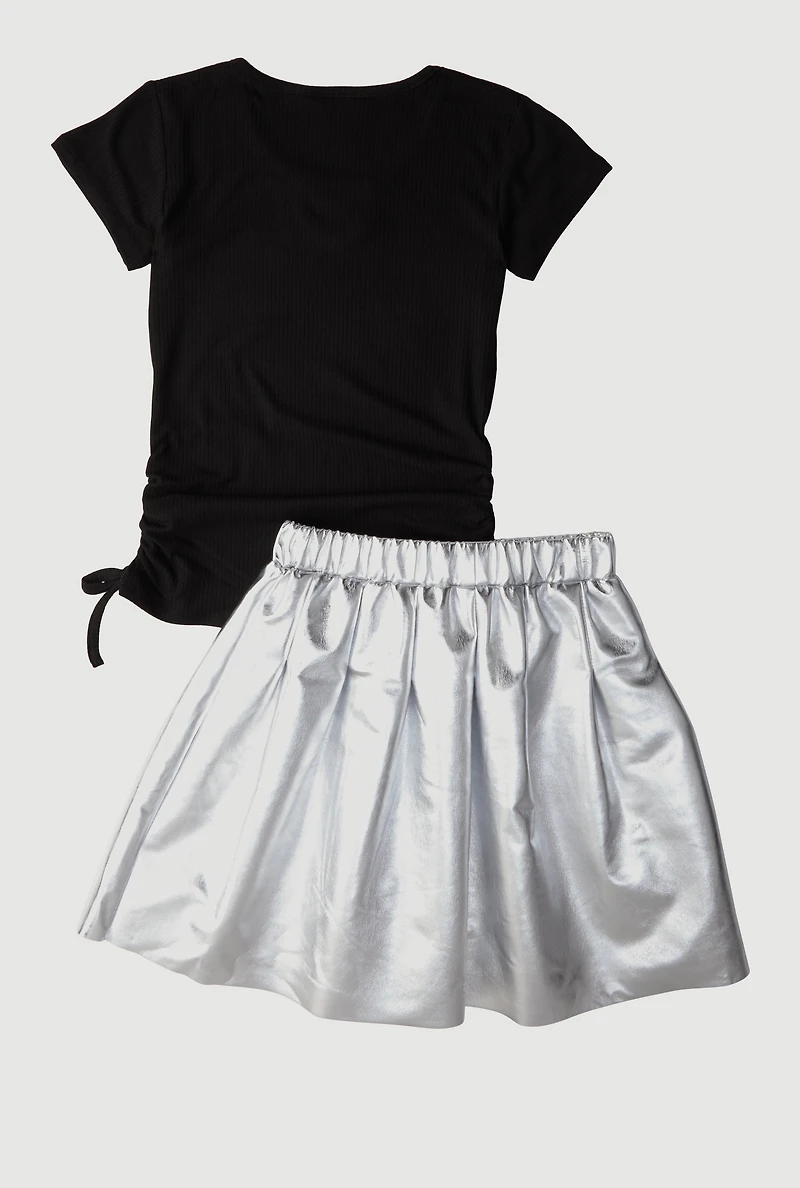 Girls Ribbed Knit Keyhole Tee and Faux Leather Pleated Skirt