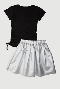 Girls Ribbed Knit Keyhole Tee and Faux Leather Pleated Skirt