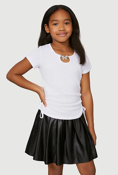 Girls Ribbed Knit Keyhole Tee and Faux Leather Pleated Skirt, Multi, Size 7-8