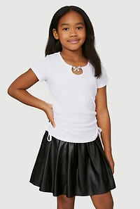 Girls Ribbed Knit Keyhole Tee and Faux Leather Pleated Skirt, Multi, Size 7-8
