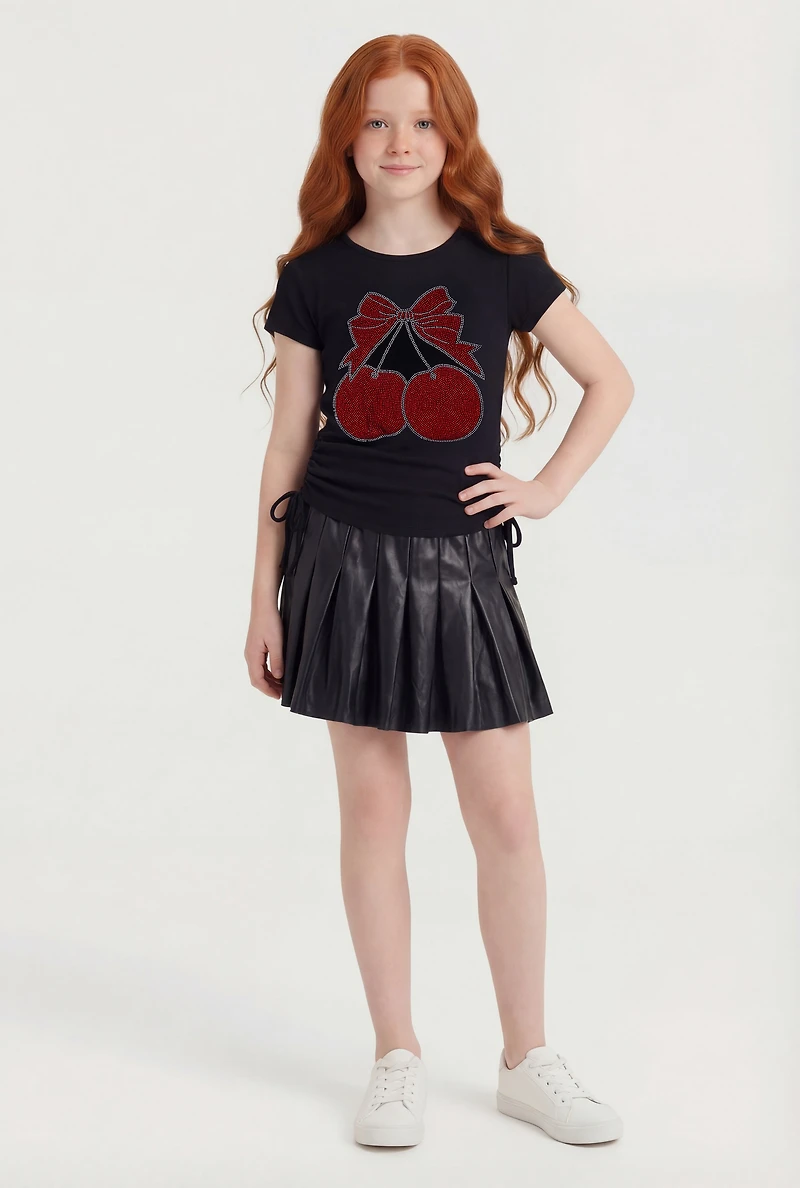 Girls Rhinestone Cherry Graphic Tee and Pleated Skirt