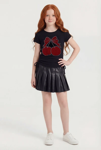 Girls Rhinestone Cherry Graphic Tee and Pleated Skirt