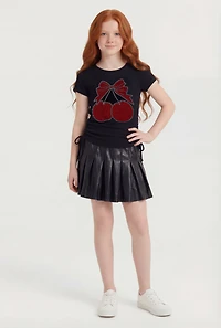 Girls Rhinestone Cherry Graphic Tee and Pleated Skirt