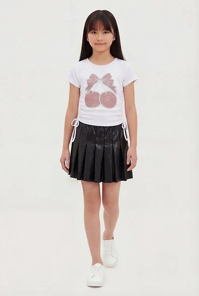 Girls Rhinestone Cherry Graphic Tee and Pleated Skirt