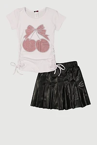 Girls Rhinestone Cherry Graphic Tee and Pleated Skirt