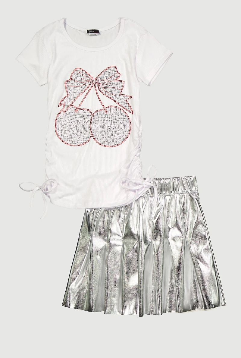 Girls Rhinestone Cherry Graphic Tee and Pleated Skirt Set