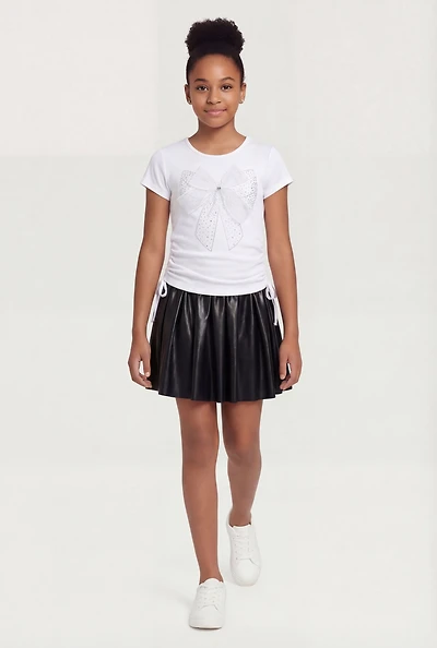 Girls Rhinestone Bow Graphic Tee and Pleated Skort Set