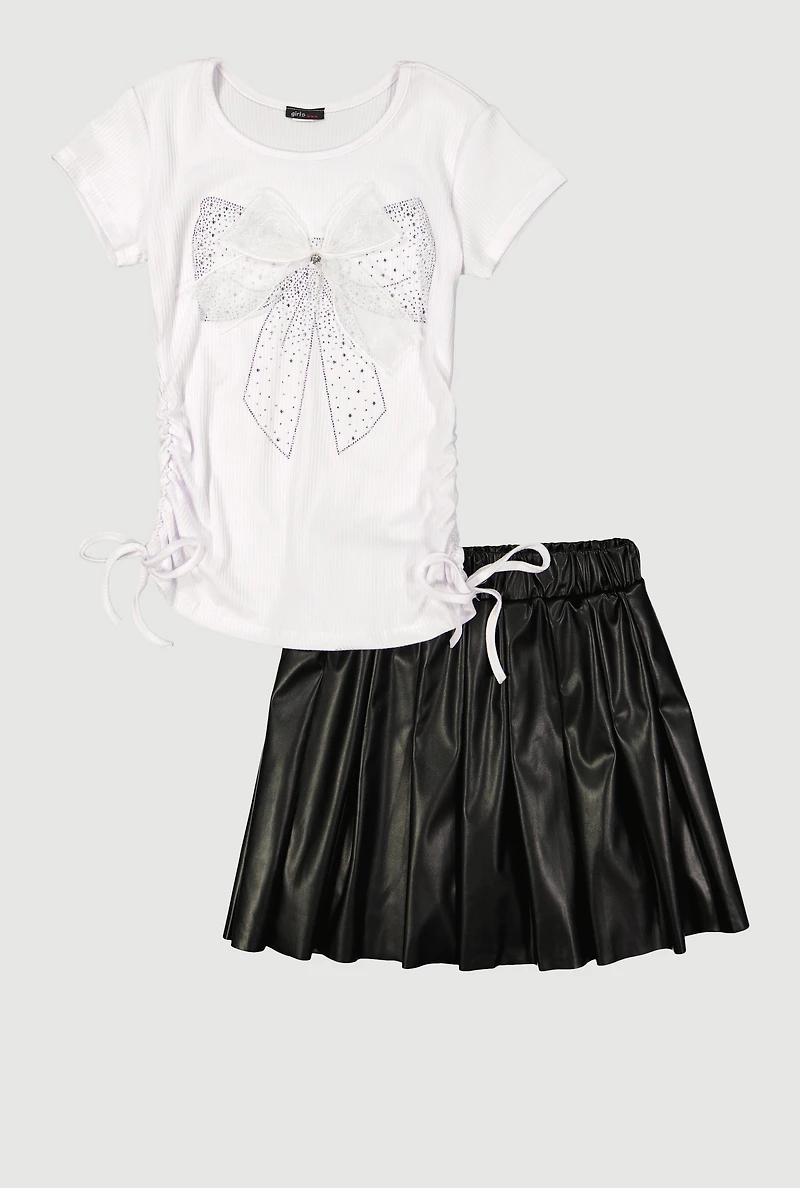 Girls Rhinestone Bow Graphic Tee and Pleated Skort Set