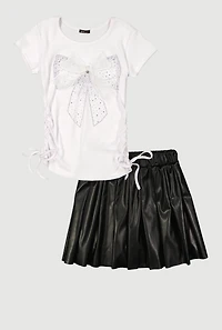 Girls Rhinestone Bow Graphic Tee and Pleated Skort Set