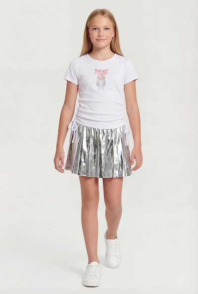 Girls Rhinestone Fringe Bow Graphic Tee and Pleated Skirt