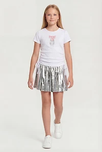 Girls Rhinestone Fringe Bow Graphic Tee and Pleated Skirt