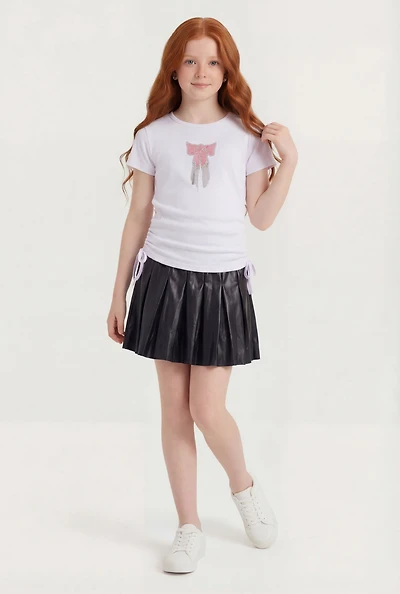 Girls Rhinestone Fringe Bow Graphic Tee and Pleated Skirt