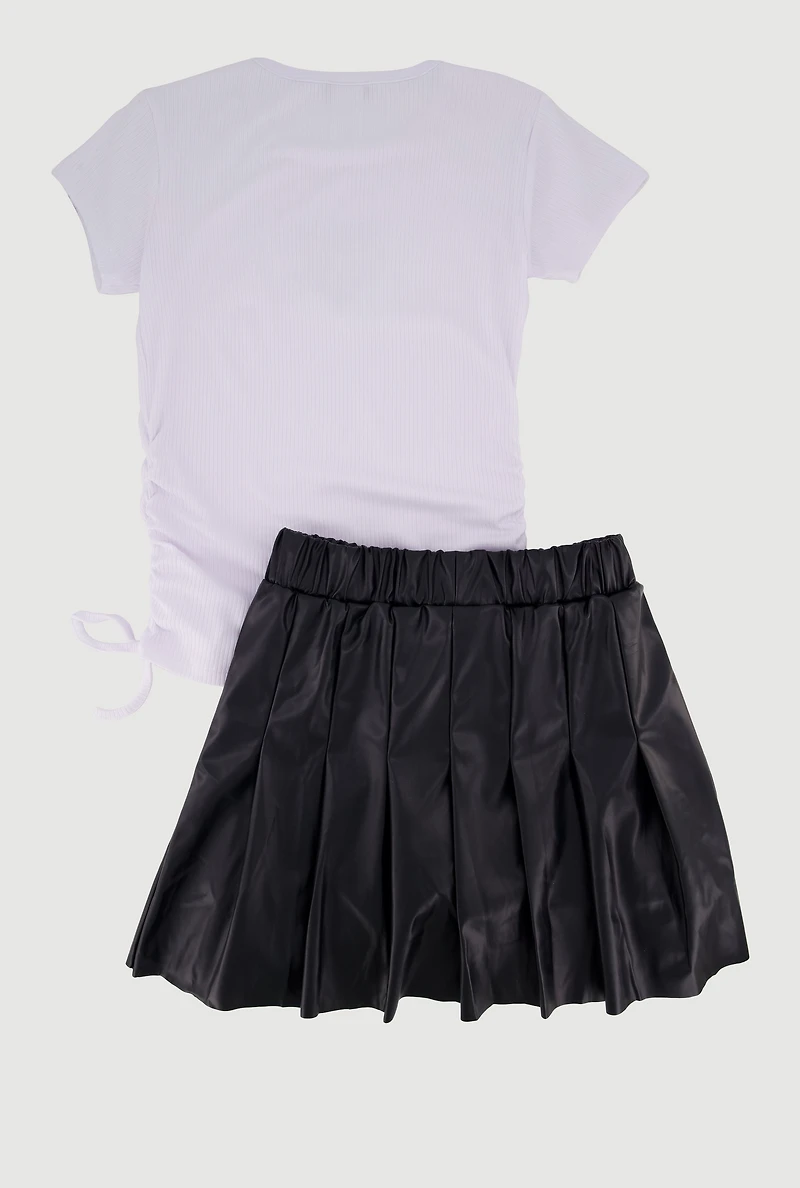 Girls Rhinestone Fringe Bow Graphic Tee and Pleated Skirt