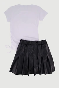 Girls Rhinestone Fringe Bow Graphic Tee and Pleated Skirt
