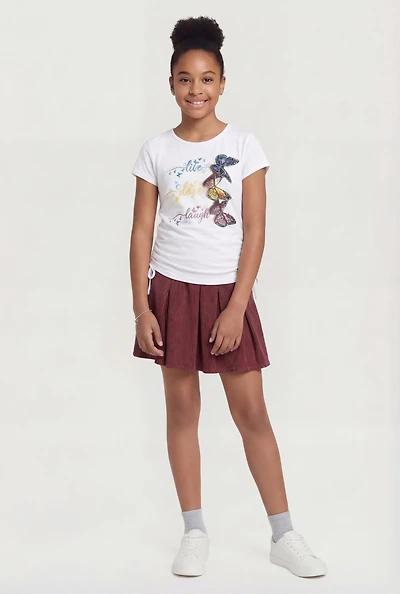 Girls Live Love Laugh Butterfly Graphic Tee and Pleated Skirt