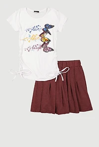 Girls Live Love Laugh Butterfly Graphic Tee and Pleated Skirt