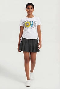 Girls Love Ruched Side Graphic Tee and Pleated Skort