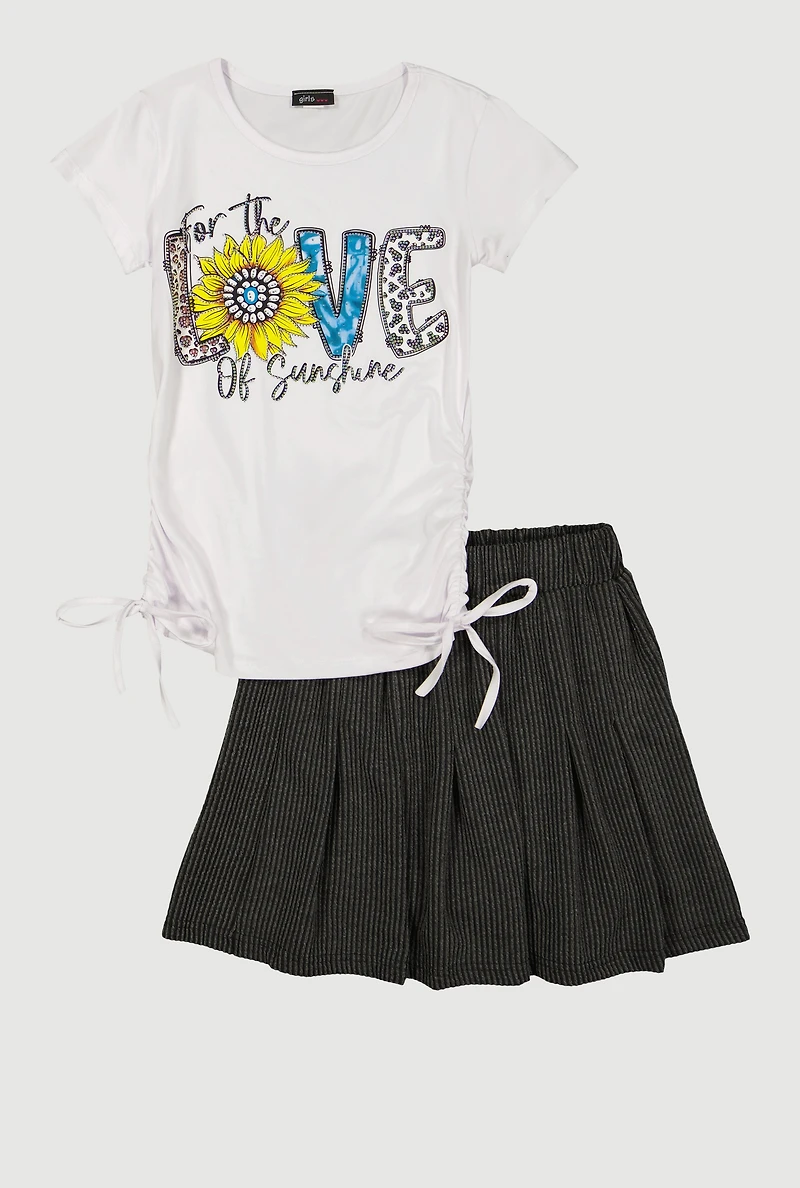 Girls Love Ruched Side Graphic Tee and Pleated Skort