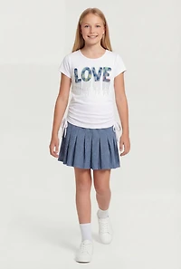Girls Love Graphic Ruched Side Tee and Pleated Skort Set