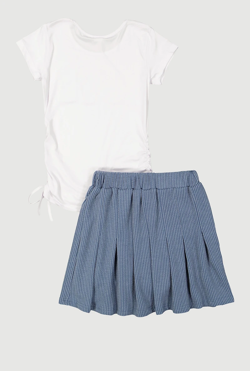 Girls Love Graphic Ruched Side Tee and Pleated Skort Set