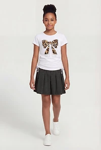 Girls Bow Graphic Ruched Side Tee and Pleated Skirt
