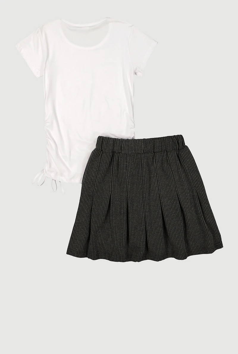 Girls Bow Graphic Ruched Side Tee and Pleated Skirt
