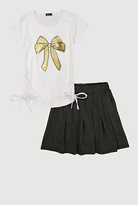 Girls Foil Screen Bow Graphic Tee and Pleated Skort Set