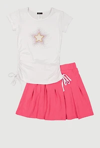 Girls Rhinestone Star Graphic Tee and Pleated Skort
