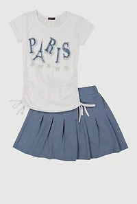 Girls Rhinestone Paris Graphic Tee and Pleated Skort